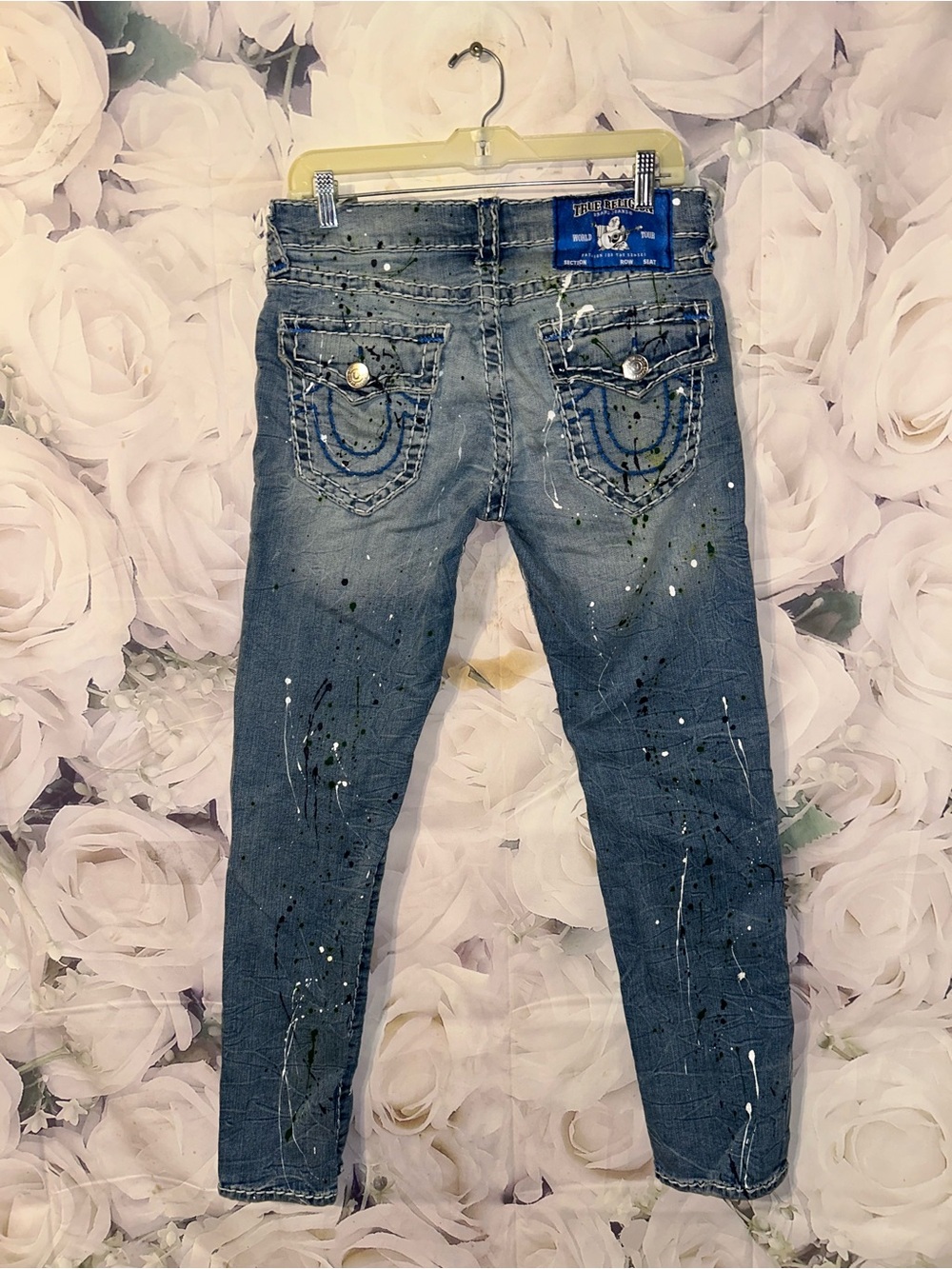 True Religion Men Jeans Paint Splatter Rocco Relaxed Skinny Grunge Y2K Size 31